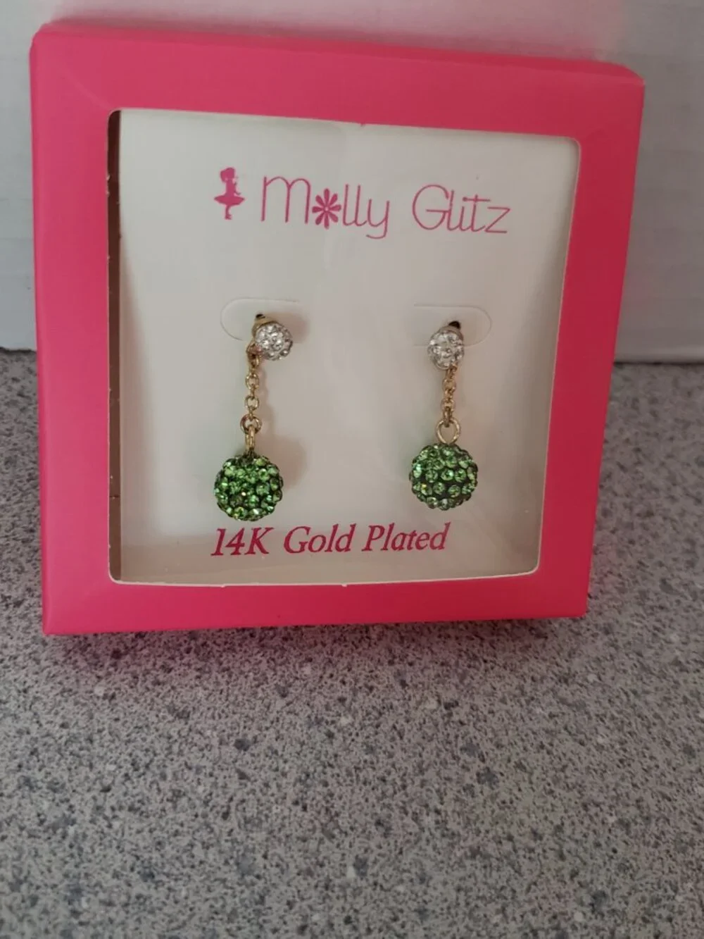 Molly Glitz 14k Gold Plated Lime White Crystal Ball Dangle Earrings